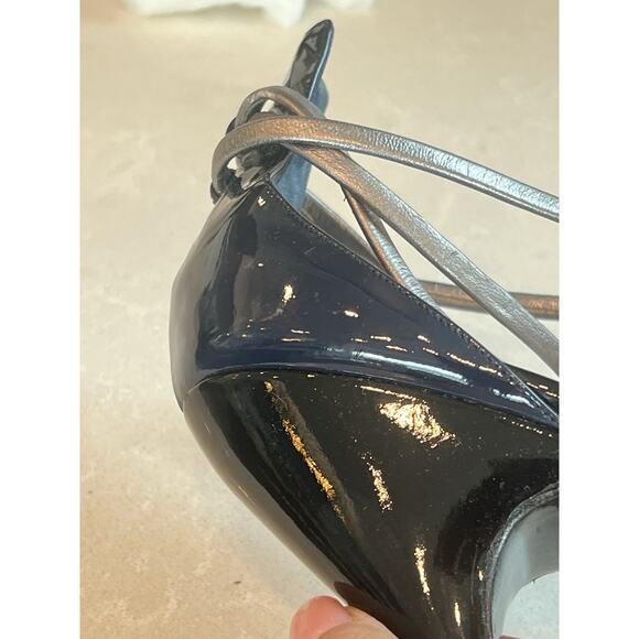 Yves Saint Laurent Rive Gauche Patent Leather Heels Sandals Navy Blue 38.5 YSL - Picture 6 of 16